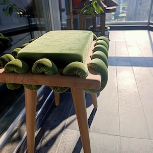 Green Woven Stool, Wooden Stool in Pistachio Green Cross Wavy Velvet Fabric, Unique gift, Living room, Make up Stool, Modern Design stool , Straight Legs