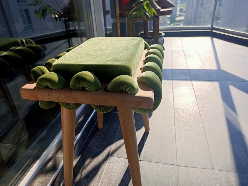 Green Woven Stool, Wooden Stool in Pistachio Green Cross Wavy Velvet Fabric, Unique gift, Living room, Make up Stool, Modern Design stool , Straight Legs