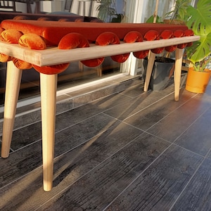 Long Bench, Wooden Orange Straight Wavy Velvet Fabric Bench, garden furniture, Ottoman bench, bedroom bench, entrway living room bench Straight Legs