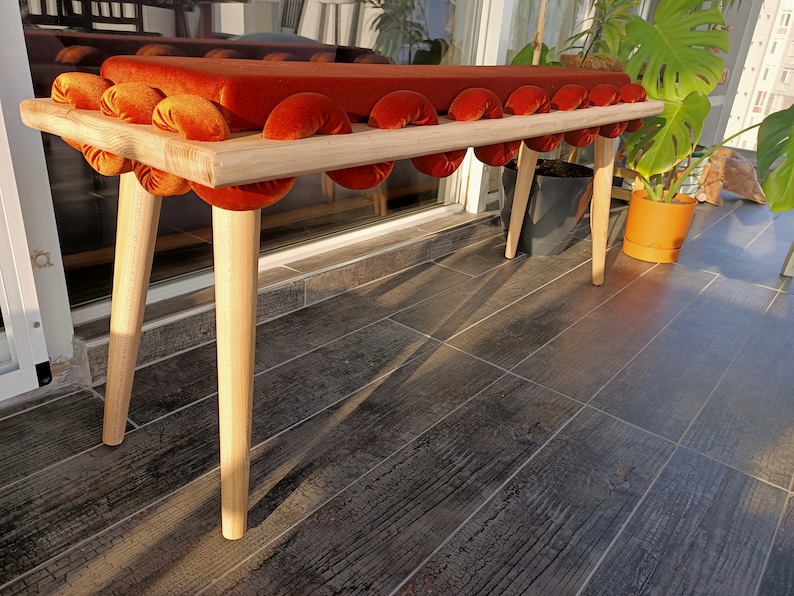 Long Bench, Wooden Orange Straight Wavy Velvet Fabric Bench, garden furniture, Ottoman bench, bedroom bench, entrway living room bench Straight Legs