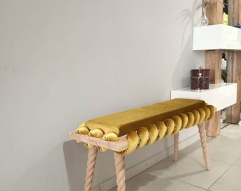 Rustic bench, Mustard Yellow Cross Wavy Velvet Fabric Wooden Bench,Bench, Double Seat Bench, Livingroom Bedroom bench, Woven Design Bench