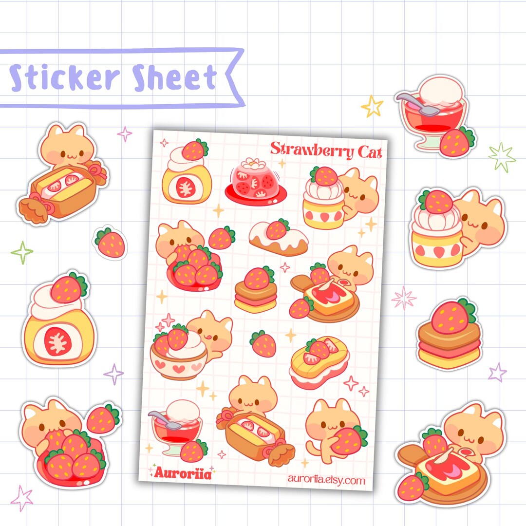 Strawberry Cat Die Cut Sticker Sheet - Etsy