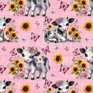 Cute Dairy Cow with Sunflowers | Seamless Patterns | Instant Download | Printable Digital Paper | Repeating Pattern | Fabric Printing