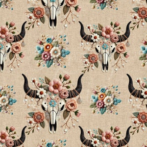 Embroidered Bull Skulls | Seamless Patterns | Instant Download | Printable Digital Paper | Repeating Pattern | Fabric Printing