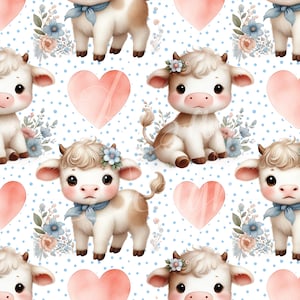 Cute Cow With Hearts | Seamless Patterns | Instant Download | Printable Digital Paper | Repeating Pattern | Fabric Printing