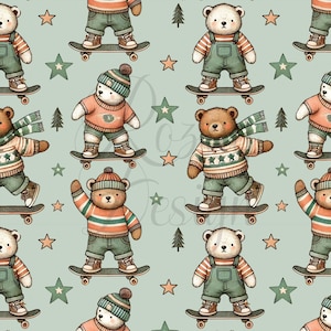 Skateboard Bears | Seamless Patterns | Instant Download | Printable Digital Paper | Repeating Pattern | Fabric Printing