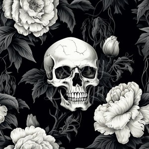 Black and White Peonies and Skulls | Seamless Patterns | Instant Download | Printable Digital Paper | Repeating Pattern