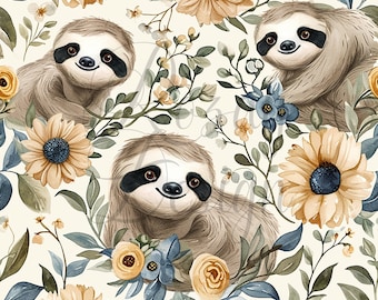 Floral Sloths | Seamless Patterns | Instant Download | Printable Digital Paper | Repeating Pattern | Fabric Printing