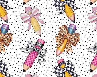 Pencil with Coquette Bow | Teacher | Seamless Patterns | Instant Download | Printable Digital Paper | Repeating Pattern | Fabric Printing