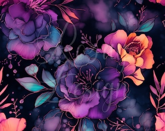 Pink Purple and Coral Floral on Black | Seamless Patterns | Instant Download | Printable Digital Paper | Repeating Pattern | Fabric Printing