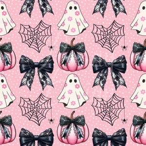Niedliche Geister, Kürbisse, Spinnweben, Schleifen | Rosa | Halloween | Nahtlose Muster | Sofortdownload | Sich wiederholendes Muster | Stoffdruck