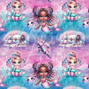 Pastelkleurige zeemeerminnen | Naadloze patronen | Direct downloaden | Afdrukbaar digitaal papier | Herhalend patroon | Stof bedrukken