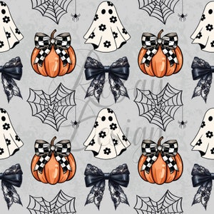 Niedliche Geister, Kürbisse, Spinnenweben, kokette Schleifen | Halloween | Nahtlose Muster | Sofortdownload | Sich wiederholendes Muster | Stoffdruck
