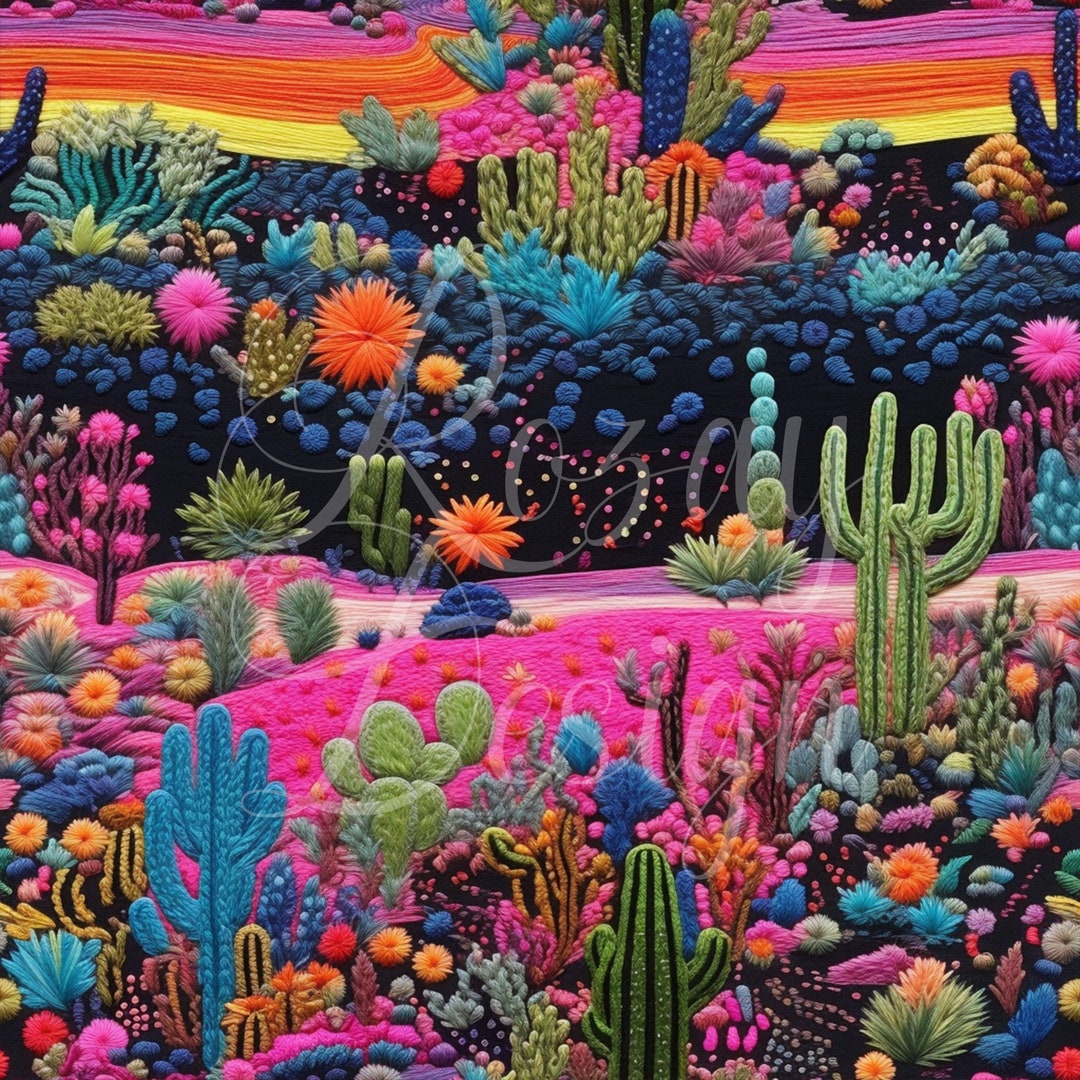 Neon Desert Embroidery Seamless Patterns Instant Download Printable