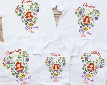 Disney Family Mermaid Princess Collage Birthday Girl Shirt, Family Matching Mermaid Doodle Collage Birthday Girl Shirt, Ariel Mermaid Shirts