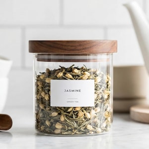 Etichette per il tè (design minimalista) • Etichette personalizzate minimaliste per barattoli e contenitori • Organizzazione moderna impermeabile della dispensa • Decorazione per la stazione del tè