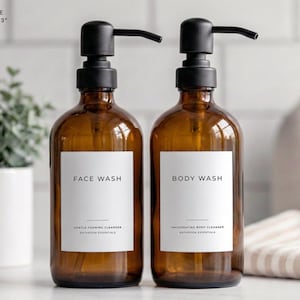 Étiquettes pour salle de bain et douche (design exclusif) • Décoration de spa personnalisée minimaliste • Pompe à savon étanche • Organisation moderne de salle de bain