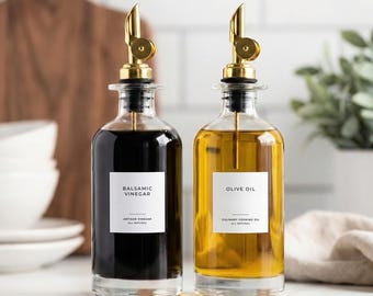 Oil & Vinegar Labels (Signature Design) • Minimalist Oil Resistant Stickers • Waterproof Custom Glass Cruet Decals • Pantry Organizer
