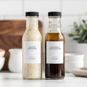 May include: Two glass bottles with black caps, one filled with Caesar dressing and the other with balsamic vinaigrette. Each bottle has a white label with black text. The dressings are on a white surface.