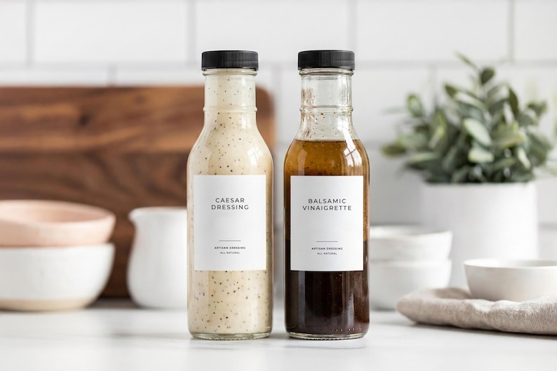 Op de afbeelding: Twee glazen flessen met zwarte doppen, een gevuld met Caesar dressing en de andere met balsamico vinaigrette. Elke fles heeft een wit etiket met zwarte tekst. De dressings staan op een wit oppervlak.