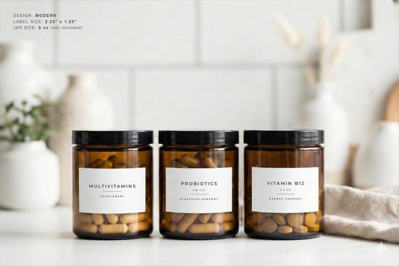 Medicine & Supplement Labels (Modern Design) • Minimalist Personalized Supplement Stickers • Waterproof Custom Vitamin Jar Decals • Modern
