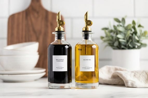 Oil & Vinegar Labels (Signature Design) • Minimalist Oil Resistant Stickers • Waterproof Custom Glass Cruet Decals • Pantry Organizer