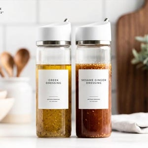 Op de afbeelding: Twee heldere glazen flessen met witte deksels, gevuld met Griekse en Sesam-Gember dressings. Elke fles heeft een wit etiket met zwarte tekst. De Griekse dressing is geel en de Sesam-Gember dressing is bruin.