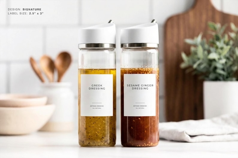 Op de afbeelding: Twee heldere glazen flessen met witte deksels, gevuld met Griekse en Sesam-Gember dressings. Elke fles heeft een wit etiket met zwarte tekst. De Griekse dressing is geel en de Sesam-Gember dressing is bruin.