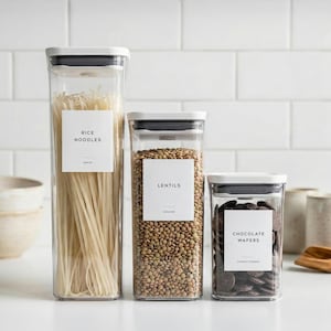 Pantry Labels (Minimal Design) • Minimalist Personalized Kitchen Storage Stickers • Custom Home Organization • Waterproof • Jars, Bins