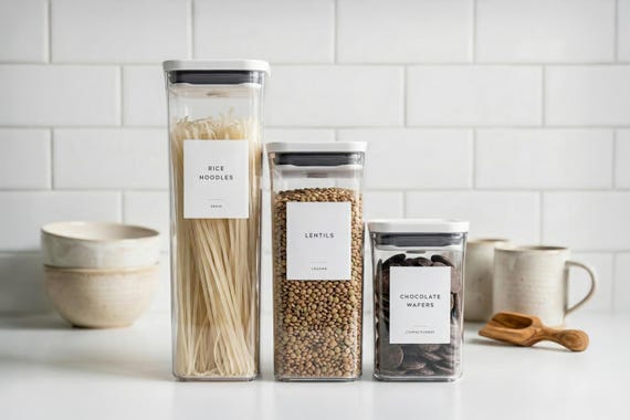 Pantry Labels (Minimal Design) • Minimalist Personalized Kitchen Storage Stickers • Custom Home Organization • Waterproof • Jars, Bins