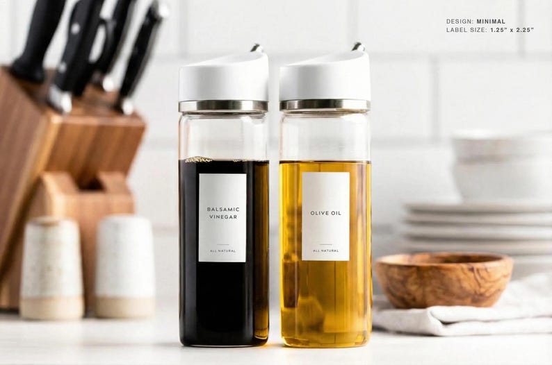 Etiquetas para aceite y vinagre (diseño minimalista) • Pegatinas minimalistas personalizadas para vinagreras • Organización de cocina personalizada • Dispensador de botellas de aceite de oliva 1.25" W x 2.25" H