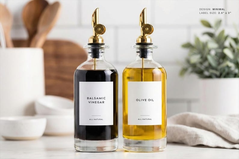 Etiquetas para aceite y vinagre (diseño minimalista) • Pegatinas minimalistas personalizadas para vinagreras • Organización de cocina personalizada • Dispensador de botellas de aceite de oliva 2.5" W x 3" H