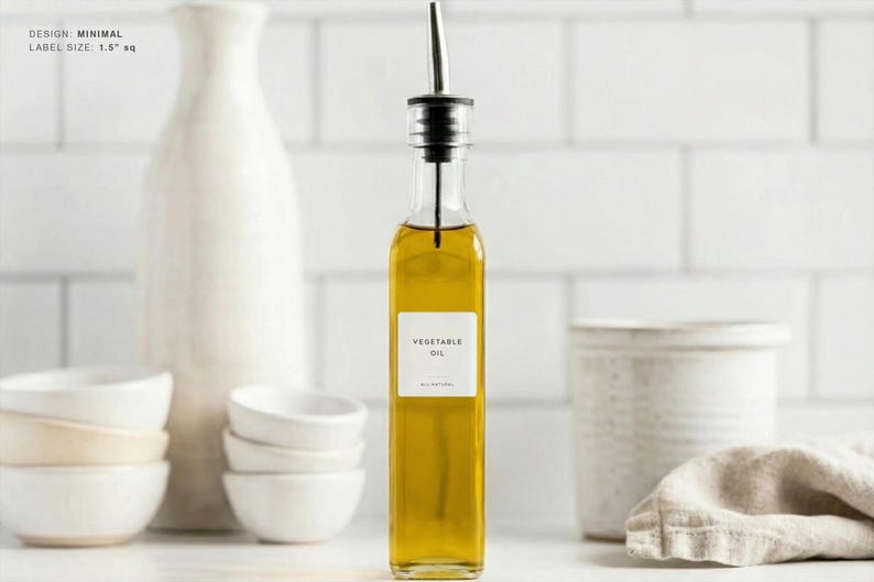 Etiquetas para aceite y vinagre (diseño minimalista) • Pegatinas minimalistas personalizadas para vinagreras • Organización de cocina personalizada • Dispensador de botellas de aceite de oliva 1.5" Square
