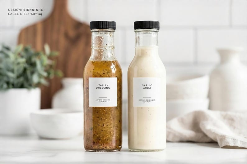 Op de afbeelding: Twee glazen flessen met zwarte doppen, een gevuld met Italiaanse dressing en de andere met knoflook aioli. Elke fles heeft een wit etiket met zwarte tekst. De Italiaanse dressing is bruinachtig groen en de knoflook aioli is wit.