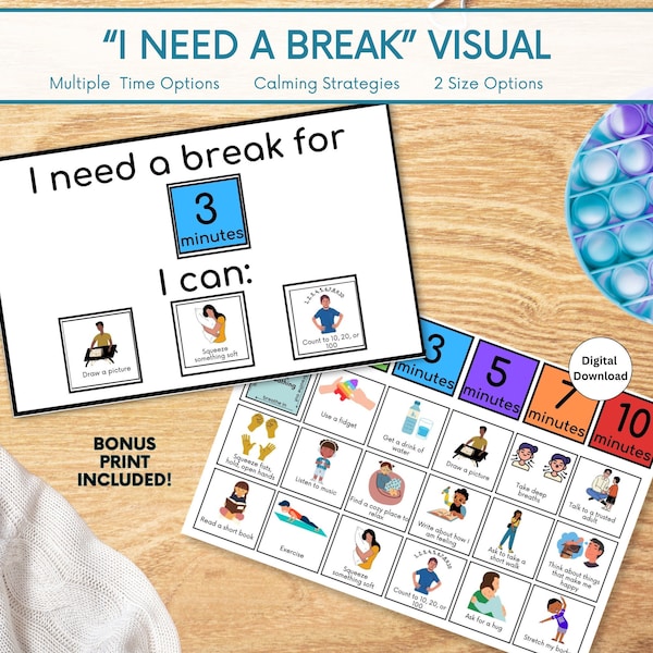 I Need a Break Visual for Calm Down Area, Break Card for Emotional Regulation, Self Regulation Tool