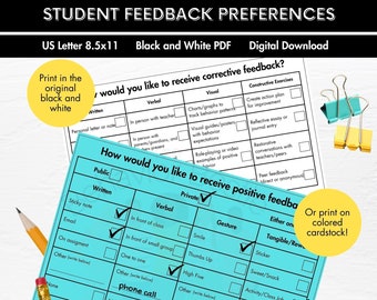 Student Feedback Preference Form, Positive and Corrective Feedback, Teacher Tool, Classroom Management, Student Engagement