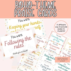 Boho Theme Positive Lob Karten | Verhaltensspezifische Lobkarten | Druckbare Positive Notizen | Positive Lehrer Notiz | Schüler Lob Notizen