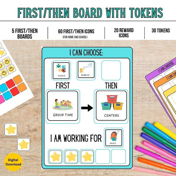 Eerst-dan bord met tokens, nu volgend bord, visueel schema voor autisme, ABA-therapietool, afdrukbare visuele ondersteuning, tool voor gedragsbeheer