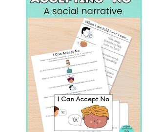 Può includere: Una risorsa educativa di narrativa sociale intitolata Accepting NO con testo stampato e illustrazioni a cartoni animati. Le pagine offrono una guida alla gestione delle emozioni di fronte a un rifiuto, con icone e fumetti con NO e OK.