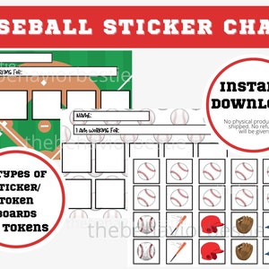 May include: Two printable baseball-themed sticker charts for kids. Each chart has a baseball field and a space for a name and goal. One chart has 40 baseball stickers and the other has 40 baseball, bat, glove, and hat stickers. The text "Instant Download" is on the chart.
