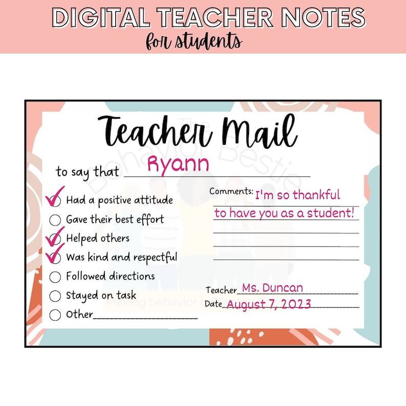 Printable Positive Teacher Note, Boho Digital Teacher Mail, Positive Feedback for Students