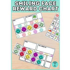 May include: A Smiling Face Reward Chart with white paper sheets featuring blank name fields, I Am Working For sections, and grids for colorful smiley face stickers in shades of pink, yellow, green, and purple, plus a sheet of activity icons.