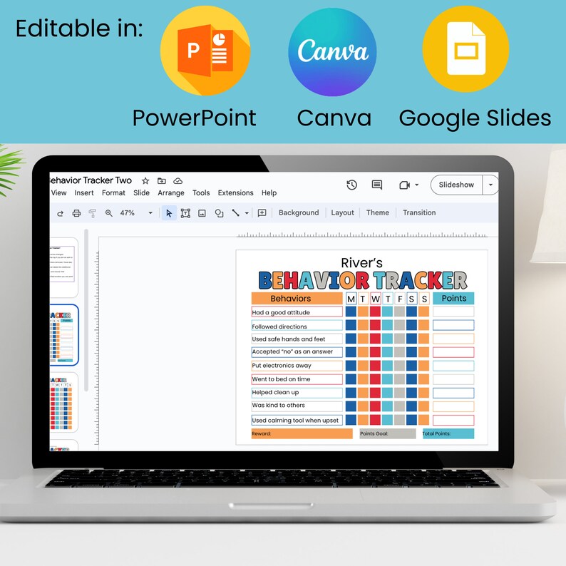 May include: A digital behavior tracker template displayed on a laptop screen, featuring a colorful chart titled River's Behavior Tracker with columns for days of the week and points. The file is editable in PowerPoint, Canva, and Google Slides.