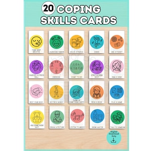 May include: A set of 20 coping skills cards arranged in a grid. Each card features a colorful circular icon and text describing an activity like taking deep breaths, laughing, solving puzzles, dancing, using a fidget, or talking to someone.