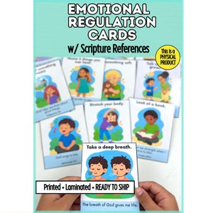 Peut inclure: Un ensemble de cartes de régulation émotionnelle avec des références bibliques, présentant des illustrations colorées de dessins animés d'enfants effectuant diverses activités. Chaque carte inclut du texte comme Take a deep breath, God sings to me, et Stretch your body, avec un badge circulaire jaune indiquant This is a physical product.