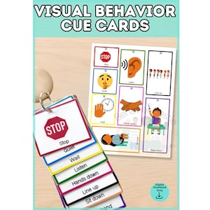Pode incluir: Um conjunto de cartões de dicas visuais de comportamento com uma pilha encadernada em argola e uma folha de referência. Os cartões exibem ícones e texto para ações como Stop, Quiet, Wait, Listen, Hands down, Line up, Sit down e Raise hand.