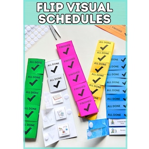May include: A set of colorful flip visual schedules featuring green, white, pink, yellow, and blue vertical strips. Each strip contains square flaps with the text ALL DONE or FINISHED and a black checkmark icon, alongside small activity icons.
