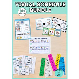 May include: A visual schedule bundle featuring various printed cards and charts with icons and text. Included are "I Can Choose" boards, "First Then" sequences, "My Daily Schedule" charts, and "To Do" and "All Done" strips in green, pink, yellow, and blue.