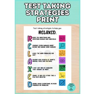 Könnte beinhalten: Ein digitaler Druck mit dem Titel TEST TAKING STRATEGIES PRINT, der das Akronym RELAXED verwendet. Jeder Buchstabe steht für einen Tipp: Anweisungen lesen, Auswahlmöglichkeiten prüfen, schwere Aufgaben aufschieben, Diagramme ansehen, Antworten streichen.