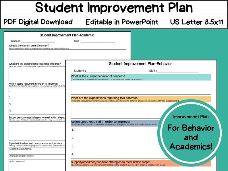 Student Improvement Plan | Student Behavior Plan | Behavior Plan ...